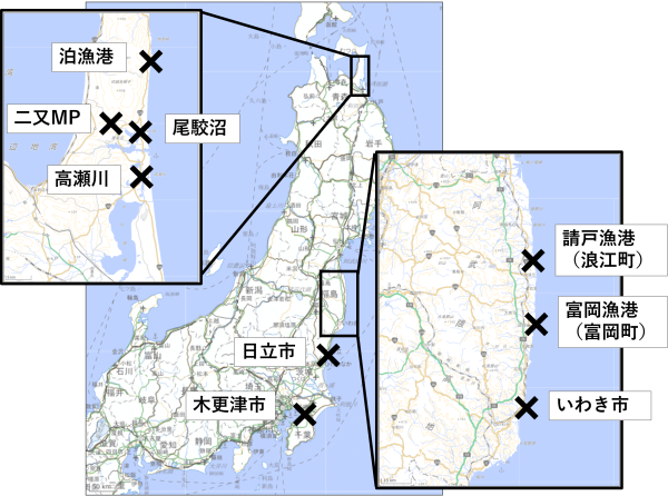 『原子力資料情報室通信』606号「海水等の放射性セシウム濃度測定報告」図表1　試料採取地点